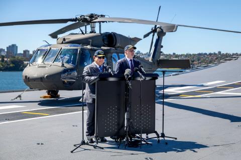 Prabowo Subianto (left) and Anthony Albanese at the treaty announcement. Photo: SMNIS Genae Kelly