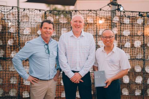 Marine Biomedical board members Paul Anderson (left) and Minghao Zheng (right) with Medical Research and Kimberley Minister Stephen Dawson. Photo: Laura Gass