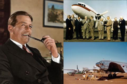 LEFT: Donald Douglas. TOP RIGHT: A reunion of the DC-3 designers in 1958, with Donald Douglas fifth from left. BOTTOM RIGHT: MacRobertson Miller Airlines DC-3 at Derby. Photo: Betty Foster