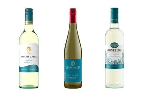 L-R: Jacobs Creek Classic riesling 2025, Grant Burge East Argyle pinot gris, and Stoneleigh Latitude sauvignon blanc
