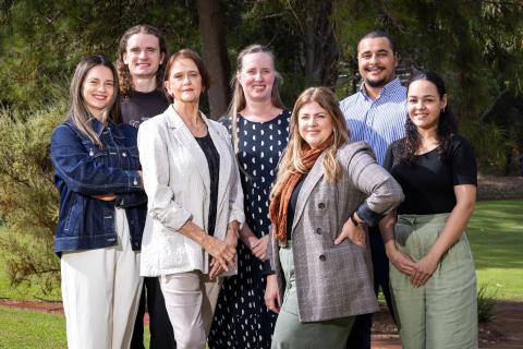 Sue Fletcher (third from left) with Murdoch University colleagues Vanja Todorovski (left), Sebastian Drysdale, Ianthe Pitout, Leah Attwood, Leon Larcher and Alanis Lima. Photo: Michael O’Brien