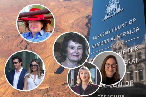 Lang Hancock's descendants Gina Rinehart (top left), John Hancock and Bianca Rinehart (bottom left) and Peter Wright's descendants including Angela Bennett (centre), Leonie Baldock and Alexandra Burt, are in a major court dispute.