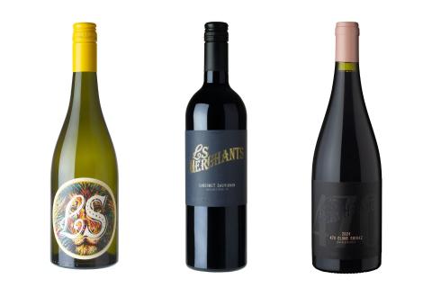 L-: LS Merchant chenin blanc 2025, Jolliffe Vineyard cabernet sauvignon 2023, 470 shiraz 2024