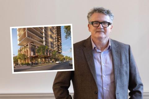 Matthew McNeilly is bullish on build to rent, with plans to grow that part of his business. Photo: Michael O’Brien. INSET: Sirona Urban's 28 Lyall Street project. Image: Architectus