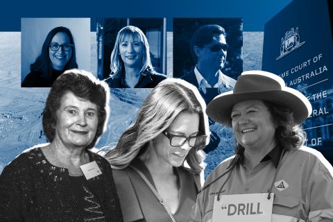 Lang Hancock's descendants Gina Rinehart (bottom right), John Hancock (top right) and Bianca Rinehart (bottom middle) and Peter Wright's descendants including Angela Bennett (bottom left), Alexandra Burt and Leonie Baldock (top left and right).