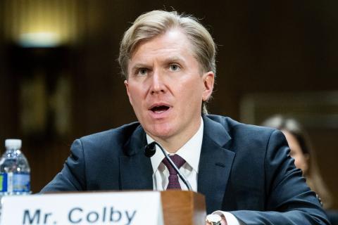 Elbridge Colby, Under Secretary of Defense for Policy, speaking at a hearing of the Senate Armed Services Committee at the U.S. Capitol in Washington, D.C. (Photo by Michael Brochstein/Sipa USA)