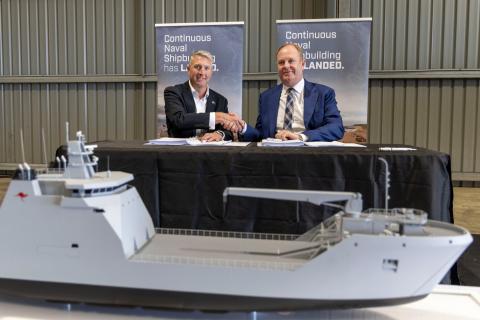 Austal Limited chief executive Paddy Gregg, and Area Director Asia Pacific at Damen Michiel Hendrikx, at the contract signing ceremony for the Land 8710 Landing Craft Heavy (LCH). Photo: CPL Nakia Chapman. 