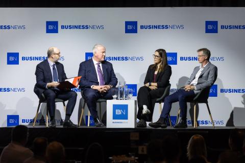 Business News executive editor Sean Cowan moderates a panel discussion with WA Police detective superintendent Peter Foley, CyberCX director of cyber intelligence Leah Pinto and AECOM government and defence lead Peter Billingham. Photo: Matt Jelonek.