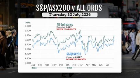 A graphic illustration of Australian stock indices on  July 30, 2026