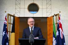 Prime Minister Anthony Albanese speaking on the Trump Tariffs outside Parliament House in Canberra. Photo: AAP/Lukas Coch 