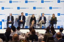 L-R: Perth USAsia Centre's Gordon Flake, Birdon maritime and defence's Mark Albertson, CyberCX Academy's Rosemary Driscoll, Woodside's Andrew Melouney and WA Police's Arlene Mavratsou.