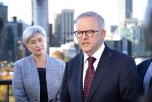 Penny Wong and Anthony Albanese (right) at a press conference in Perth on May 14, 2025. Photo: Michael O'Brien