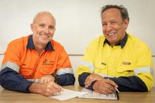 Anglogold Ashanti Australia senior vice-president Stephen Perkins (left) with Carey Group founder Daniel Tucker at a contract signing at the Sunrise Dam mine this year. Photo: Tony McDonough