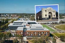 The former Freemasons Hall (inset: Steelkamp/Wikimedia Commons via Creative Commons Attribution-Share Alike 4.0: https://commons.wikimedia.org/wiki/File:Freemasons_Hall,_Subiaco,_August_2021.jpg). Background: Bob Hawke College. Photo: Peter Bennetts