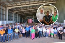 Main pic: Kununurra locals pose a the new cotton gin. Inset: Kimberley Minister Stephen Dawson, Kimberley MLA Divina D'Anna and Federal minister for Northern Australia Madeleine King.