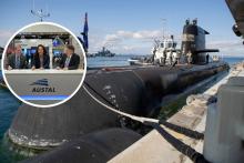 Main pic: A submarine docked. Photo: ASC. Inset pic: Austal USA Vice President Business Development & External Affairs Lawrence Ryder, ASC Chief Capability Officer Danielle Bull, and Austal Australia Chief Technology Officer Glenn Callow.