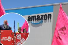 Several unions joined international rally action against Amazon today, on Black Friday. Photo: Supplied.