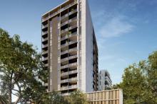 A render of Finbar's apartment building in Rivervale. Image: Chang Architects.