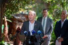 Roger Cook with BHP's Tim Day (right) announcing funding for Perth Zoo. Photo: Supplied