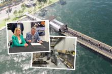 Left inset: Rita Saffioti (left) and Mark Stothard signing the deal at Echo Marine's Henderson facility. Background: A render of the Matilda Bay ferry terminal