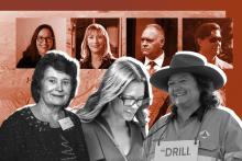 FRONT: Angela Bennett (left), Bianca Rinehart, and Gina Rinehart sought a stake in Hancock Prospecting. Background: Peter Wright's descendants Alex Burt and Leonie Baldock (left), DFD Rhodes CEO Matthew Keady, and John Hancock (right)
