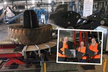 Background: Downsizing of the largest tyres is handed on-site at Neerabup. INSET: CTS managing director Leigh Cometti showing recycled rubber matting to Environment Minister Matt Swinbourn and Mines Minister David Michael. Photo: Michael Bain.
