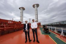 Klaveness chief executive Engebret Dahm, left, with the MV Baltazar's captain. Photo: Tom Zaunmayr