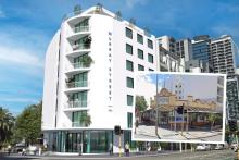 A render of the proposed short-stay on the former Fast Eddys site. INSET: The vacant restaurant. Images: Ross McDonald Architect via DAP document
