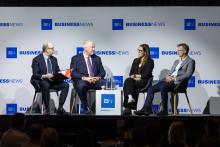Business News executive editor Sean Cowan moderates a panel discussion with WA Police detective superintendent Peter Foley, CyberCX director of cyber intelligence Leah Pinto and AECOM government and defence lead Peter Billingham. Photo: Matt Jelonek.