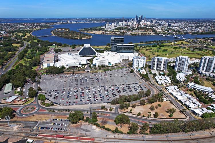 An aerial shot of the parcel of land (bottom left) next to Crown Perth. Photo: Cygnet West.