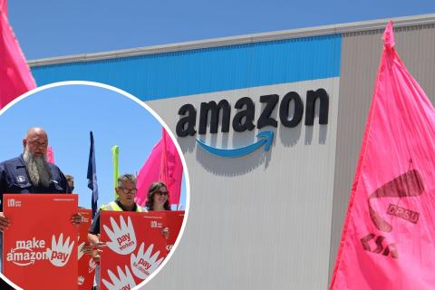 Several unions joined international rally action against Amazon today, on Black Friday. Photo: Supplied.