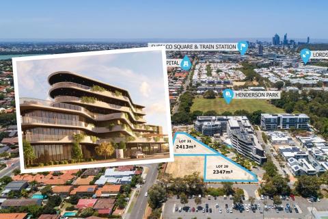 The sold development lots in Jolimont (background). INSET: A render of the aged care project. Image: Silver Thomas Hanley.