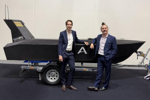 Hyperion Systems founder Joshua Wigley (left) with Greenroom Robotics co-founder Harry Hubbert at the Indian Ocean Defence and Security event in Perth. Photo: Supplied/Hyperion.