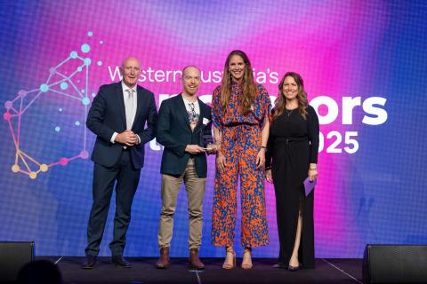 Stephen Dawson (left) with Emyria’s Michael Winlo and Mary-Ann Rennie, and Wesfarmers media-public affairs manager Rebecca Keenan at the awards.  Photo: Matt Jelonek.