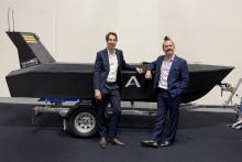 Hyperion Systems founder Joshua Wigley (left) with Greenroom Robotics co-founder Harry Hubbert at the Indian Ocean Defence and Security event in Perth. Photo: Supplied/Hyperion.